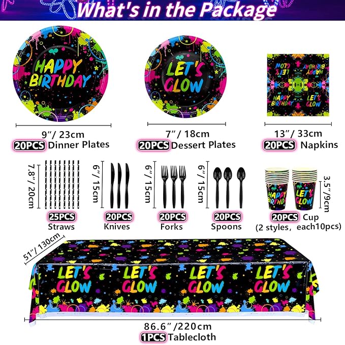 225 Pieces Glow Neon Party Supplies - Balloon, in the Dark Birthday Banner, Garlands, Cake Topper, Tablecloth, Plates, Napkins and Cup for Blacklight Decorations, Serves 20 Guest
