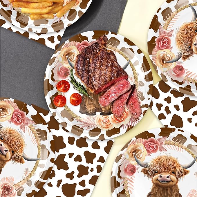 40Pcs Highland Cow Birthday Decorations Brown Cow Print Party Supplies Floral Highland Cow Theme Birthday Disposable Desserts Plates and Napkins for 20 Guest