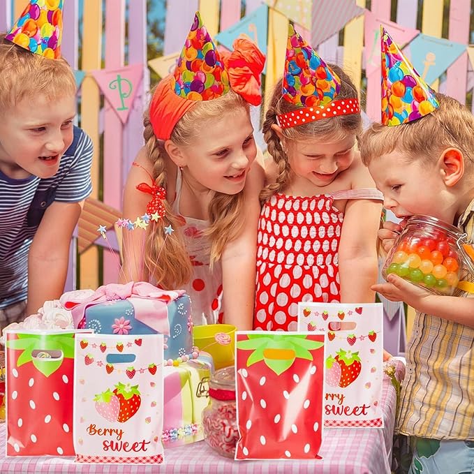Strawberry Party Favors Bags - 50Pcs Red Pink Strawberry Goody Candy Treat Bags, Summer Berry Theme Party Favor Supplies Decorations for Kids Birthday Baby Shower Wedding