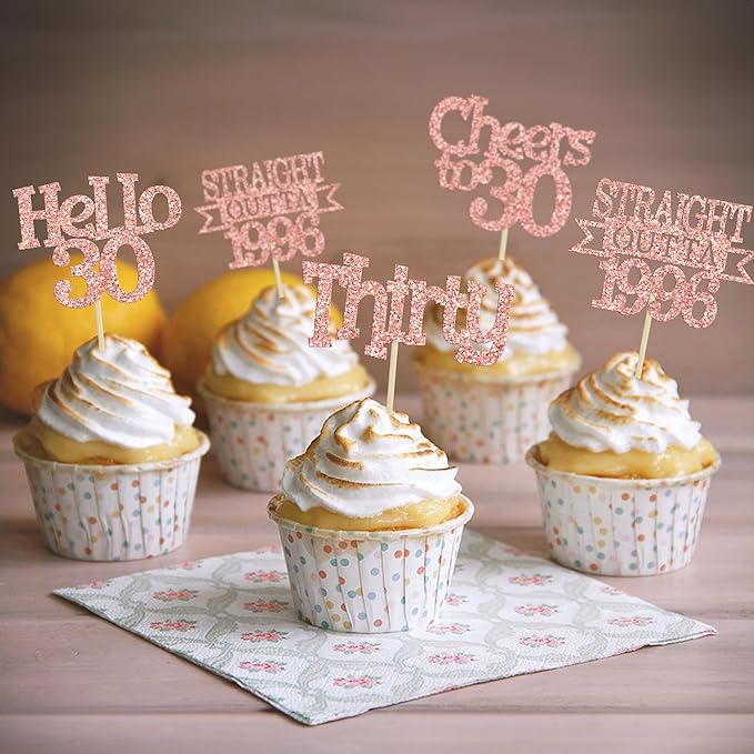 Ephlyn 24Pcs Happy 30th Birthday Cupcake Toppers Glitter ThirtyCupcake Picks Hello 30 Cheers to 30 Years Cake Decorations for 30th Birthday Anniversary Party Decorations Supplies Rose Gold