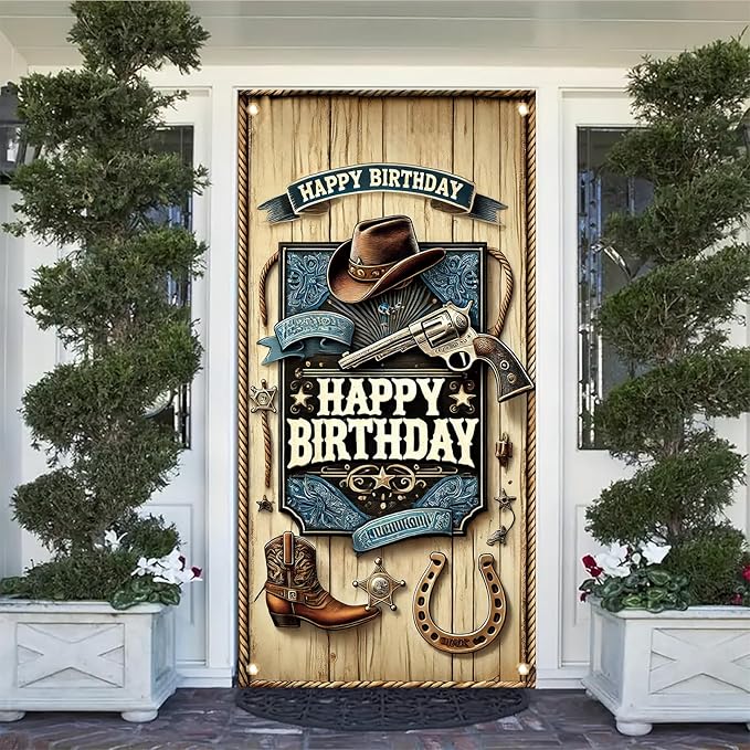 Western Cowboy Door Cover Banner 70 x 35 Inch Decoration West Boy Theme Door Cover Western Birthday Party Photography Background Decor Backdrop West Barn Door Sign Banner