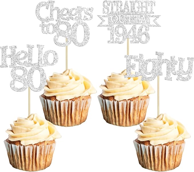 Ephlyn 24Pcs Happy 80th Birthday Cupcake Toppers Glitter Straight Outta 1946 Cupcake Picks Hello 80 Cheers to 80 Years Birthday Cake Decorations for 80th Birthday Anniversary Party Supplies Silver