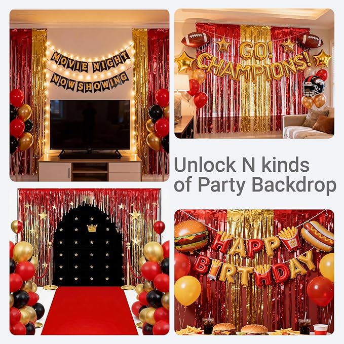 3 Packs Red Gold Foil Fringe Curtains Extra Wide 9.9ft for Birthday Party Tinsel Backdrop Movie Night Decor Farewell Party Streamer,Retirement Decorations, Backdrop for Graduations Each 3.3 x 6.5 ft