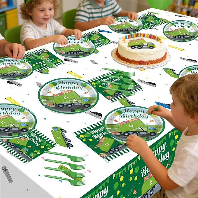 61 Pcs Garbage Truck Birthday Decorations Green Trash Party Tableware Rubbish Recycling Themed Supplies Plates Napkins Tablecloth for Birthday Parties Waste Management Celebrations Serves 20 Guests