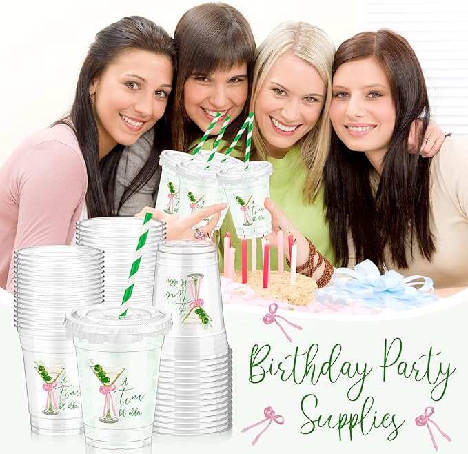 Domensi 50 Pcs Martini Birthday Party Plastic Cup 12 oz a Tini Bit Older Green Martini Pink Bow Thick Clear Cup for Girls Women Bar Birthday Bachelorette Bridal Shower Party Supplies
