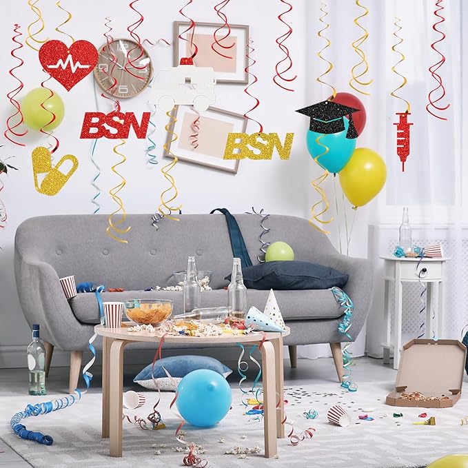 Maicaiffe BSN Graduation Hanging Swirl Decorations - 19 Pcs Congrats Nurse Party Supplies - Future RN Streamers - Medical Nursing School Graduation Foil Swirls Ceiling Decorations