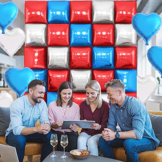 Red Blue Silver Square Foil Balloon Wall,25Pcs Double Sided Balloons Backdrop Helium Balloon Tunnel Arch Garland Kit for 4th of July Independence Patriotic Birthday Anniversary Usa Party Decorations