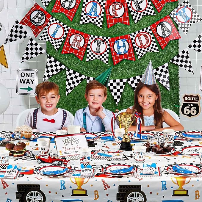 WERNNSAI Race Car Party Decorations - 64 PCS Car Plates Napkins Cups Black and White Checkered Themed Dinnerware for Kids Boys Two Fast irthday Supplies Favors Serves 16 Guests