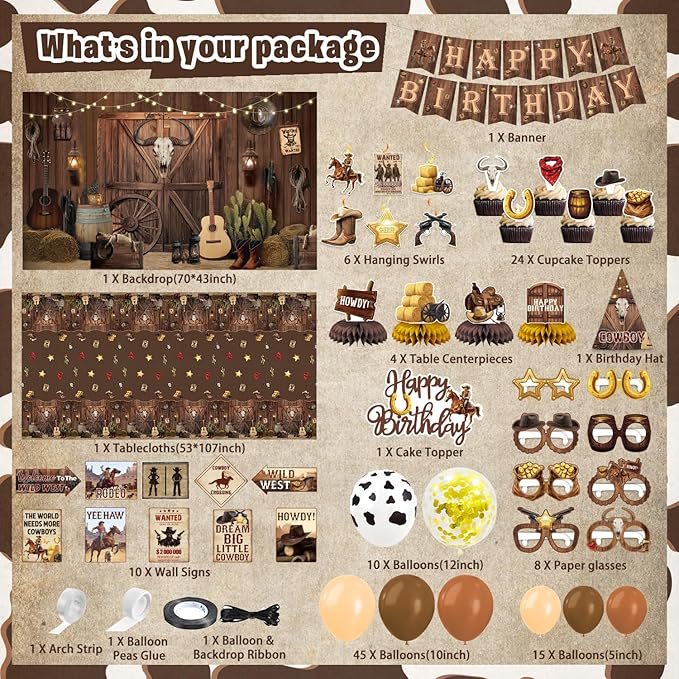 Western Party Decorations, 126 Pcs Wild West Cowboy Rodeo Bday Party Decor Supplies for Boys - Backdrop, Banner, Tablecloths, Centerpieces, Paper Glasses, Hat, Stickers, Wall Signs
