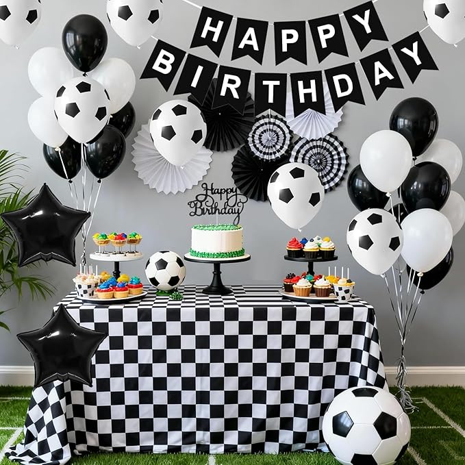 Soccer Birthday Party Decorations for Boys, Soccer Party Decoration with Black White Balloons Happy Birthday Banner Cake Toppers 18in Foil Balloon for Boys Men Girls Women Party Decor