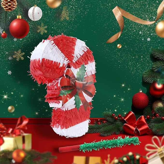 Christmas Candy Cane Pinatas Bundle with a Blindfold and Bat (Small Size 17x11x4 Inches), Holiday Theme Piñata, Christmas Party Supplies, Xmas Piñata, Party Decoration Games