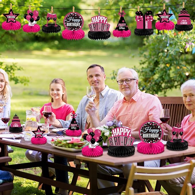 Pajean 8 Pieces Pink and Black Birthday Party Honeycomb Centerpieces Pink and Black Table Centerpieces Decorations Table Centerpiece Sign for Kids Adults Party Supplies