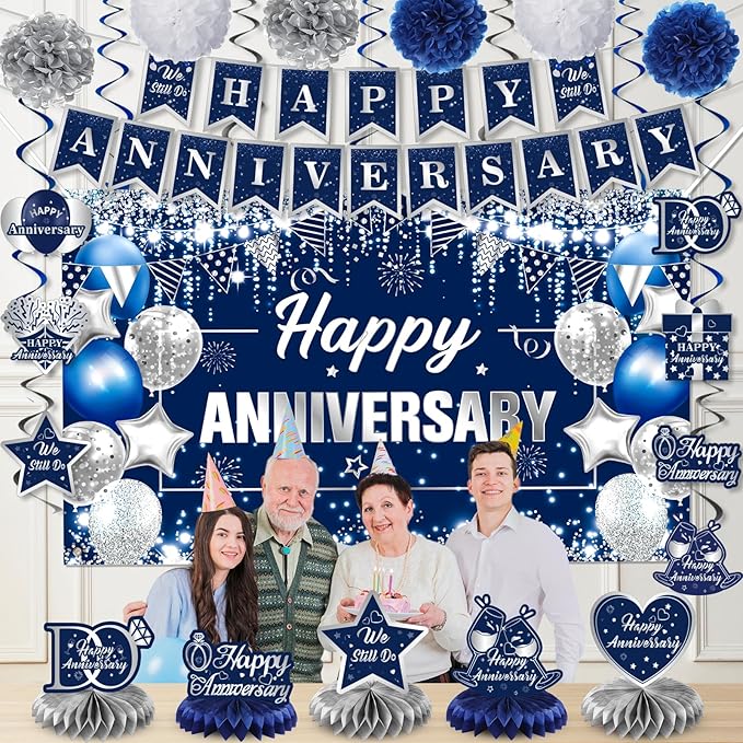 Happy Anniversary Decorations Kit Blue Silver Happy Anniversary Banner Honeycomb Centerpieces Hanging Swirls Tissue Paper Pompoms Set for Men Women Couple Wedding Anniversary Party Supplies Decor