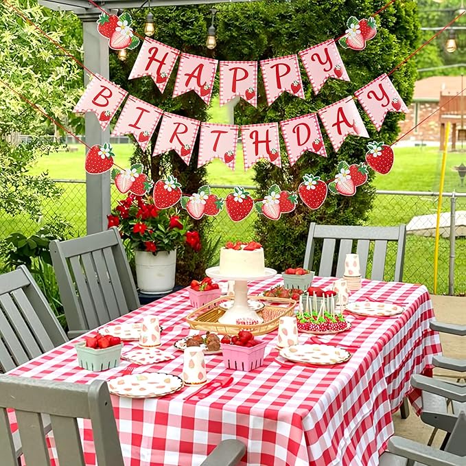 Paper Jazz Strawberry Hanging Banner Decorations，Red Fruit Banners Happy Birthday, Red Berry First Birthday Party Supplies for Theme 1st Birthday And Garden Party,Strawberry Themed Party Favors.