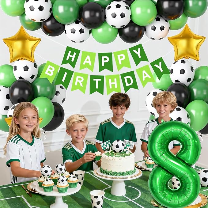 Soccer Party Decorations for Boys, 8th Soccer Birthday Decoration with Green Black White Balloons 'HAPPY BIRTHDAY' Banner Cake Toppers 32in Foil 8 Balloon for Kids Boys Men Birthday Decor