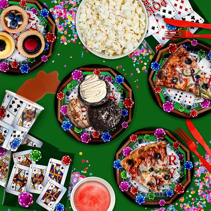 Birthday Galore Poker Party Supplies Set - Plates, Napkins, Cups - Red, Blue, Yellow - Poker Theme - 16 Guests