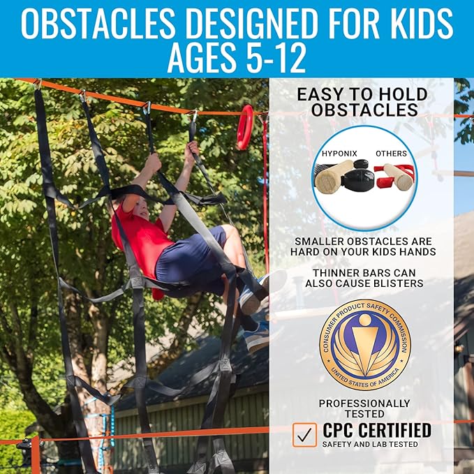 Hyponix Ninja Warrior Obstacle Course for Kids – 2 x 60 ft Slackline with 13 Outdoor Ninja Obstacles, Supports 880lbs – Monkey Net, Ratchet-Tight Tech, Climbing, Swinging & Balance Training, Ages 3+