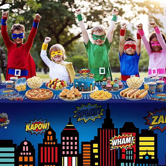 Oudain 6 ft Hero Theme Tablecloth Hero Party Decoration Cityscape Tablecloth 72 x 30 Inches Washable Fabric Polyester Rectangle Table Cover Birthday Party Supplies