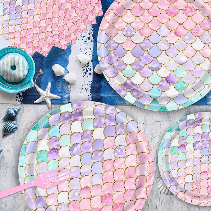 Dixutzi 96 Pcs Mermaid Birthday Party Decorations, Mermaid Party Supplies Including Paper Plate, Napkin and Fork, Ocean Theme Decor Tableware Set for Birthday, Serves 24