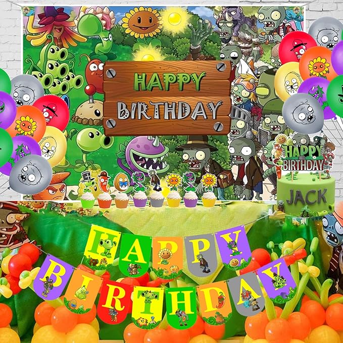 Plants Game Theme Birthday Party Supplies Decoration Kit with Happy Birthday Zombies Banners, Cake-Cupcake Topper, Balloons for Kids Boys Game Players PVZ Party Decor