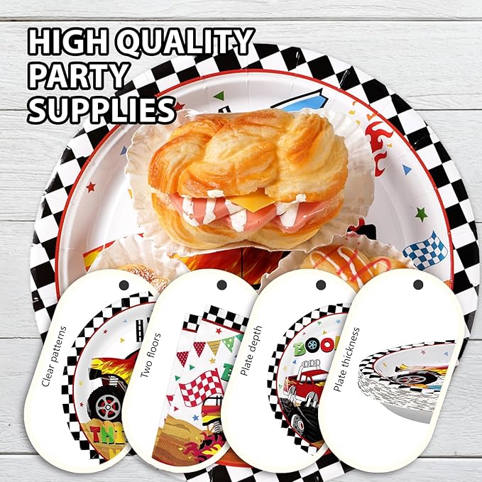 96 Pcs Monster Theme Truck 4th Birthday Party Supplies Monster Theme Truck Plates and Napkins Checkered Tableware Set Monster Birthday Decorations for 4th Kids Boys Monster Theme Truck Party Serves 24