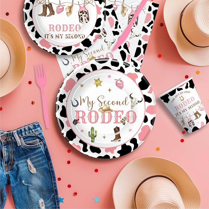 Western Cowgirl 2nd Birthday Party Supplies, Wild West My Second Rodeo Birthday Decorations Tableware Girl, Paper Plate, Cup, Napkin, Fork | Serve 24