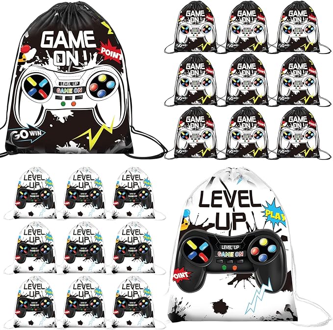 Eccliy 20 Pcs Video Game Party Favor Bags Gamer Birthday Party Drawstring Bags for Kids Boys Girls 12 x 10 Inch Gaming Goodie Treat for Game on Theme Decorations Supplies(Black, White,Vivid Style)