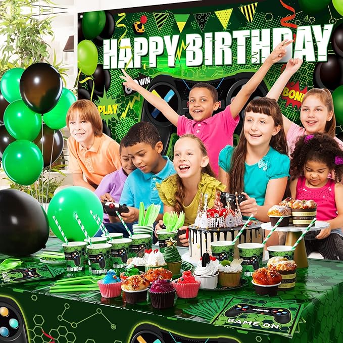 Tatuo 152 Pieces Video Game Birthday Party Supplies Gamer Party Table Cover Happy Birthday Backdrop Banner Tableware Balloons Sets for Boys Men Theme Party Decoration