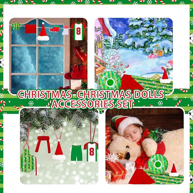 Kacctyen 15 Pcs Soccer Themed Christmas Accessories Include Sleeping Bag, Apron, Chef Hat, Scarf, Pillow, Eye Mask, Shoes, Mask, Hammock for Doll Props