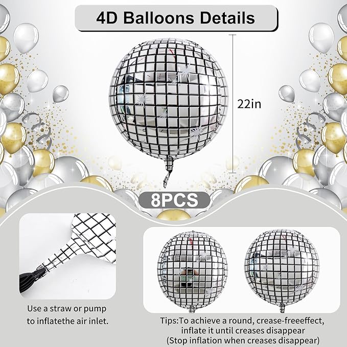 TONIFUL 8Pcs Large Disco 4D Giant Round Foil Balloon 22inch Big Mirror Metallic Mylar Sephere Balloons for Christmas New Year Birthday Ball Party Graduation Wedding Disco Decoration Supplies