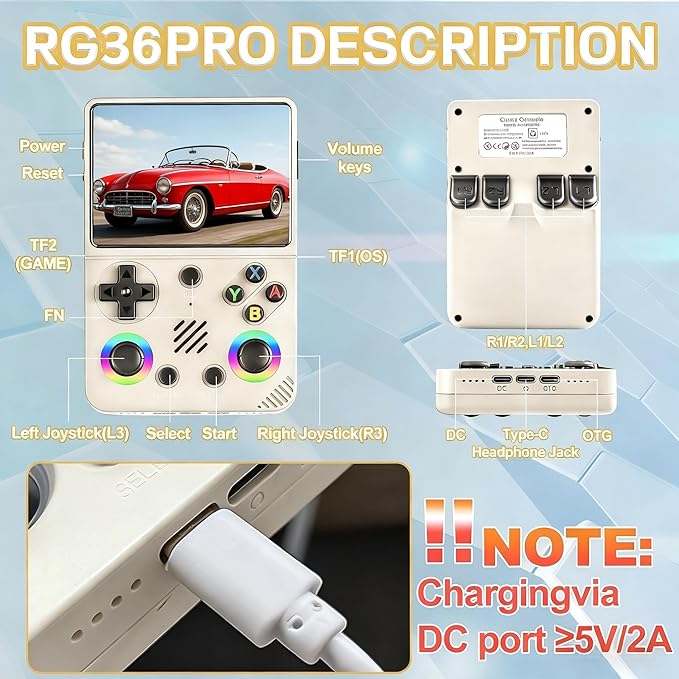 RG36PRO Video Game Console - Support 30000+Classic Games, 64G TF Card, Open Source System, 3.5-Inch Screen, 3000mAh Battery, Portable Console for Travel, Gift for Adult or Partner-White