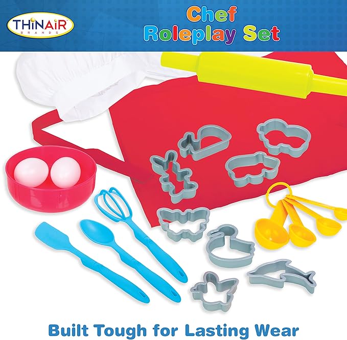 Chef Costume for Kids Ages 3-6 | 21-Piece Kids' Dress Up & Pretend Play Set Includes Jacket, Hat, Apron, Bowl, 2 Eggs, Utensils, Cookie Cutters