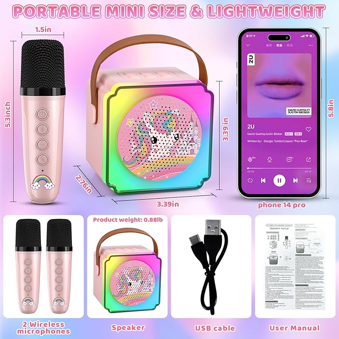 Toys for Girls Karaoke Machine for Kids, Mini Karaoke Machine Kids Toys 3 4 5 6 7 8 9 10 12+, Girl Toys Age 4-5, Princess Toys Birthday Gifts for Girls Boys Party (Pink 2 Mics)