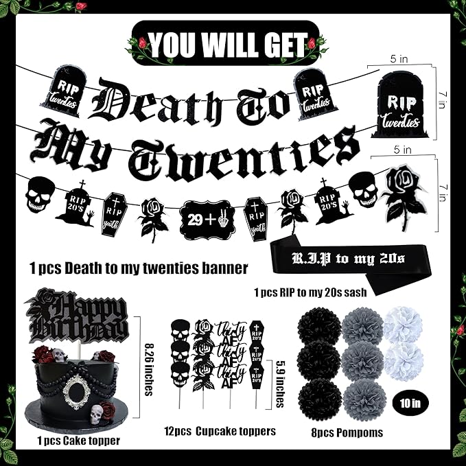 30th Birthday Decorations Pack, Death to My 20s Party Supplies Including Birthday Banner Rip to My 20s Sash Number 30 Balloon Cake Cupcake Toppers Funeral for My Youth Funny Thirtieth Birthday Party
