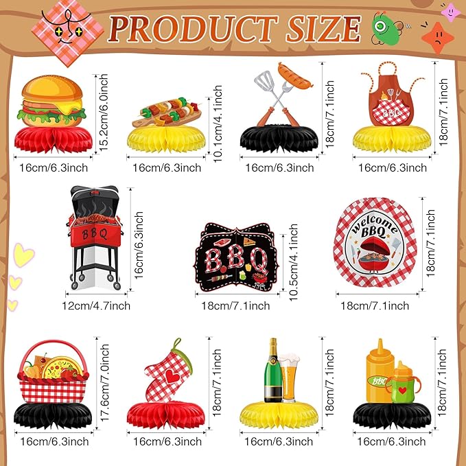 Cholemy 11 Pcs BBQ Party Decorations Honeycomb Centerpieces, Red Gingham Table Toppers for Summer Picnic, Baby Q Shower, Backyard Barbecue Birthday, Carnival Cookout Theme Supplies & Favors