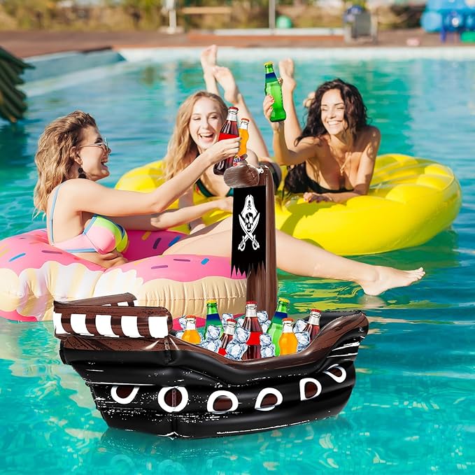 Zhanmai Inflatable Pirate Ship Drink Cooler Inflatable Serving Bar Food Container for Summer Carniva Mardi Gras Pirate Birthday Party Favor Supplies Decorations(Black,Classic)