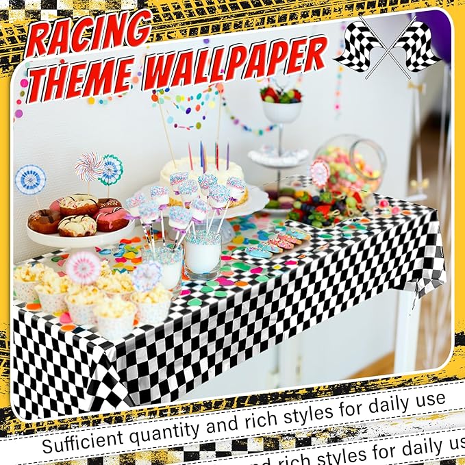 Breling 2 Packs Car Birthday Party Decorations Plastic Car Table Cloth Two Fast Disposable Race Road Checkered Party Supplies Race Theme Party Favors for Birthday, 54 x 108 Inch