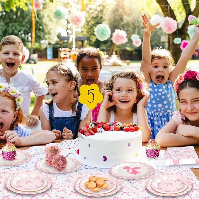 180Pcs Pink Bow Party Supplies Paper Plates and Napkins Serve 60 Disposable Tableware Set for Birthday Party Decorations Game Day Family Holiday Sports Events