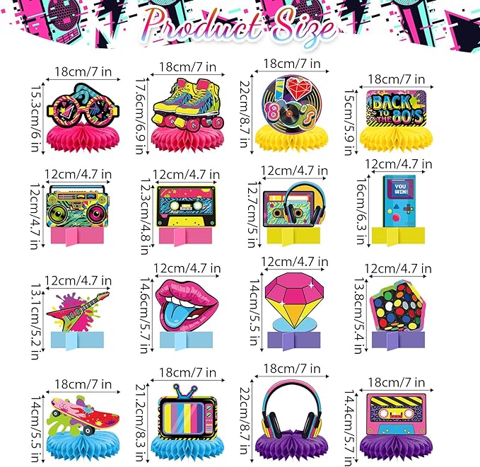 Pasimy 16 Pcs 80s Party Decorations 1980s Honeycomb Centerpieces 3D Hip Hop Table Toppers Back to The 80s Retro Rock Hippie Photo Props for Throwback Birthday Neon Party Favors Supplies