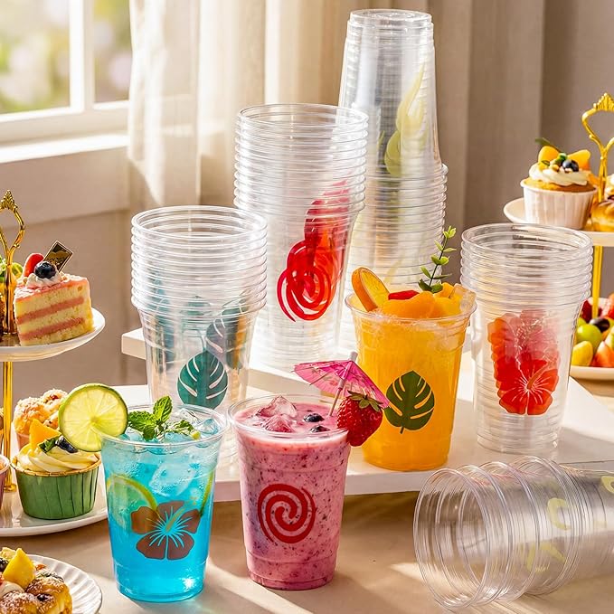 Pinkunn 100 Pcs Ocean Themed Plastic Cups Bulk Clear Plastic Sea Navigation Themed Mug Cups 16oz Flower Luau Mug Hawaiian Party Drinking Tumblers for Hawaiian Party Supplies