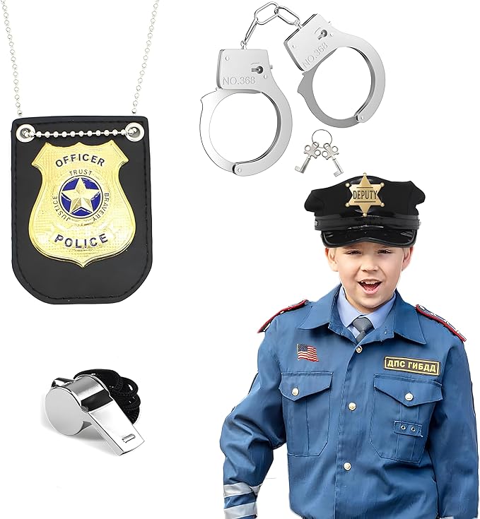 Police Badge Police Pretend Play Toy Set for Metal Handcuffs with Key American Flag Waving Lapel Pins Whistle Halloween NYPD Police Deputy Badge Dress Up Pretend Play Accessory
