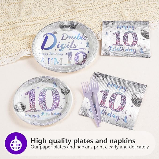 Grencian 96 Pcs Disco 10th Birthday Decorations for Girls Boys Silver Dazzle Double Digits Plates Supplies Disposable Iridescence Happy 10th Birthday Tableware Set for Kids I'm 10 Themed Party Favors