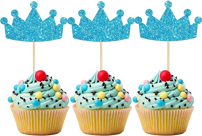Ephlyn 24Pcs Crown Cupcake Toppers Glitter Queen Crown Cupcake Picks for Queen Princess Theme Baby Shower Girls Wedding Birthday Party Cake Decorations Supplies Blue