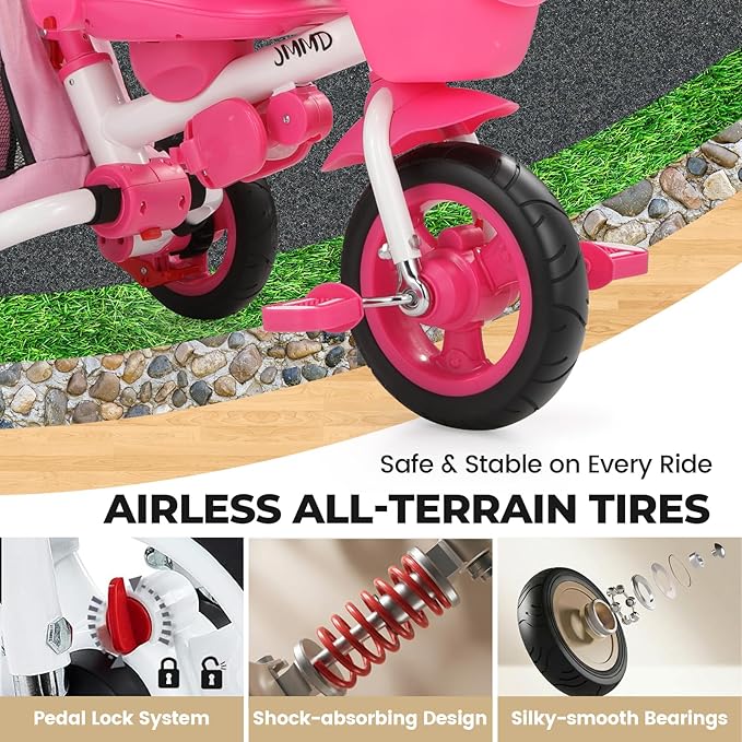 JMMD 7 in 1 Tricycle Stroller with Push Handle, Baby Trike with 360° Swivel Seat, Reclining Backrest, All-Terrain Wheels, Dual Brakes, Canopy & Storage, Gift for Kids 18 Months to 5 Years, Pink