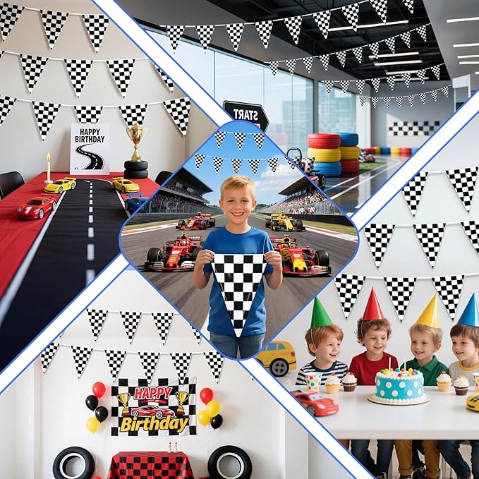 Piokio 100ft Black and White Checkered Flag Banner Racing Birthday Decorations, for Nascar Cars Party Supplies