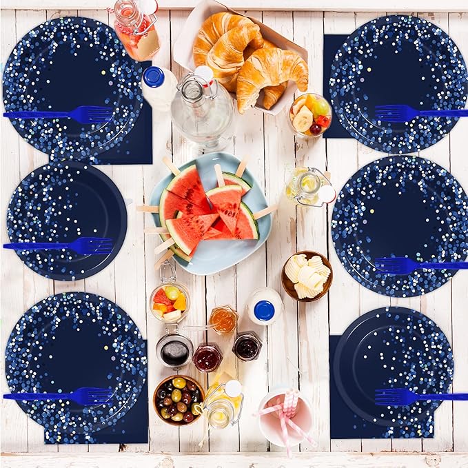 96 Pcs Blue and Silver Party Supplies Dot Confetti Paper Plates Sparkly Glitter Theme Party Decoration Confetti Party Tableware Set Bridal Shower Birthday Party Paper Plate Napkin Fork 24 Guests