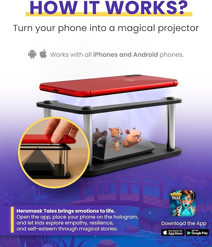 Heromask Tales: 3D Stories in 5 Languages | Gift Ages 4-10 | Innovative Educational Hologram Pyramid | Narrated by Native Storytellers in Multiple Languages to Develop Kids' Emotional Intelligence