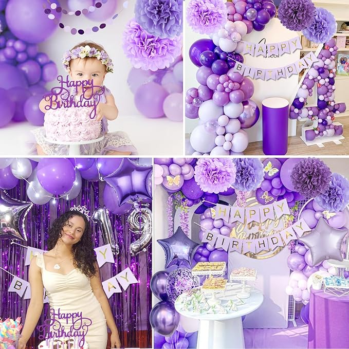 Purple Birthday Decorations, Purple Party Balloons with Happy Birthday Banner Fringe Curtain Paper Pompoms, Circle Garland Decor for Women Men Boys Girls Princess