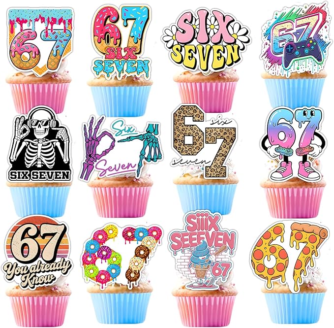 48PCS Six Seven Cupcake Toppers, Funny 6 7 Party Decorations Funny Six Seven Birthday Cake Decorations for Donut Ice Cream Baseball Meme 6 7 Theme Party Supplies