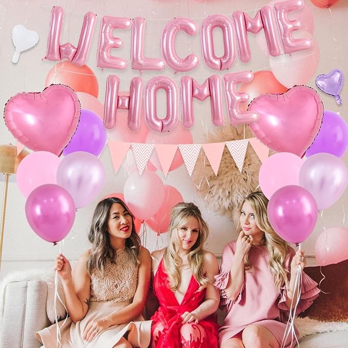 TONIFUL Welcome Home Decorations,16 Inch Pink Welcome Home Foil Balloon Banner Pink Purple Confetti Balloons Pennant Flag Bunting for Homecoming Party House Warming Party Family Gathering Supplies